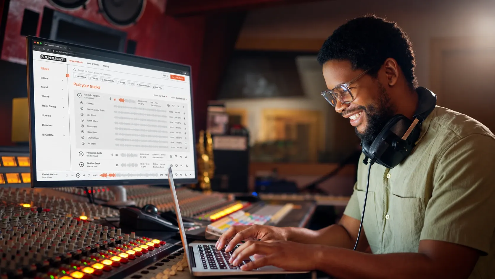 Music producer using SoundMarket in a recording studio