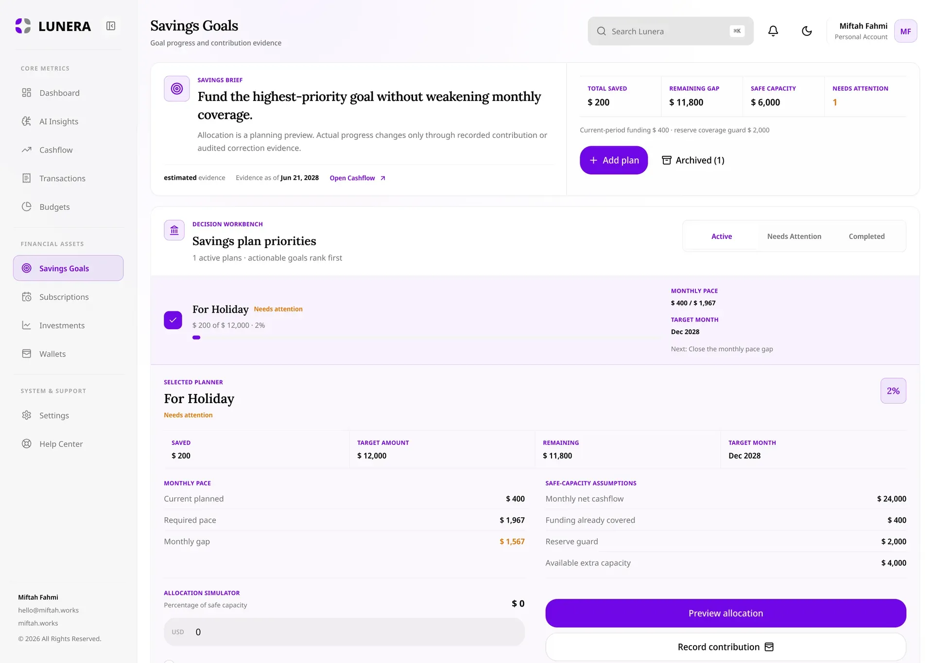 Lunera savings goal planning workspace with progress, safe capacity, and funding pace