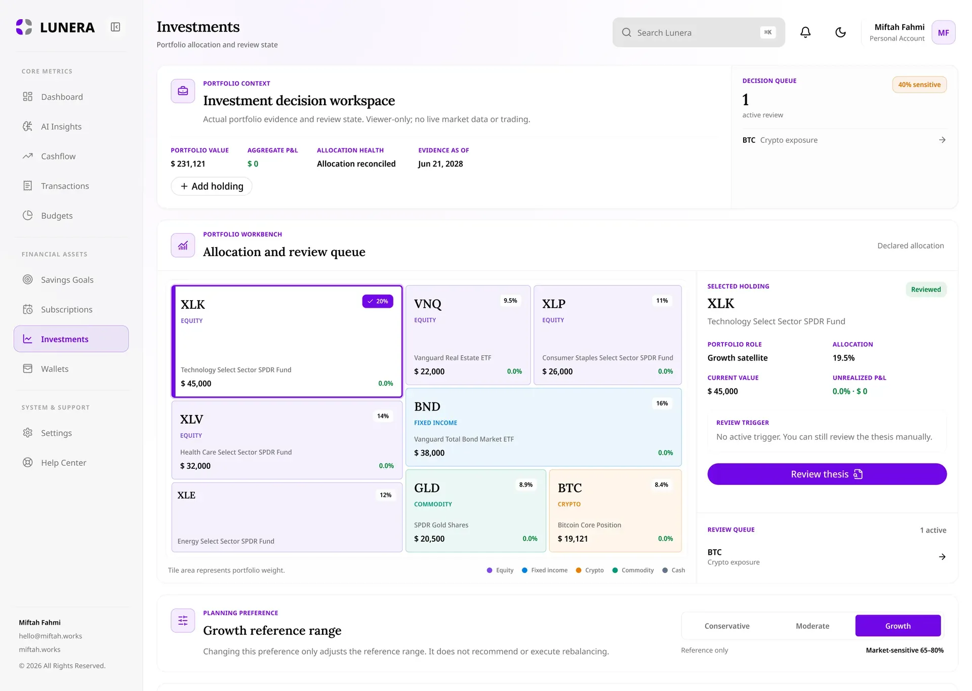 Lunera investment allocation workspace with portfolio value and review queue