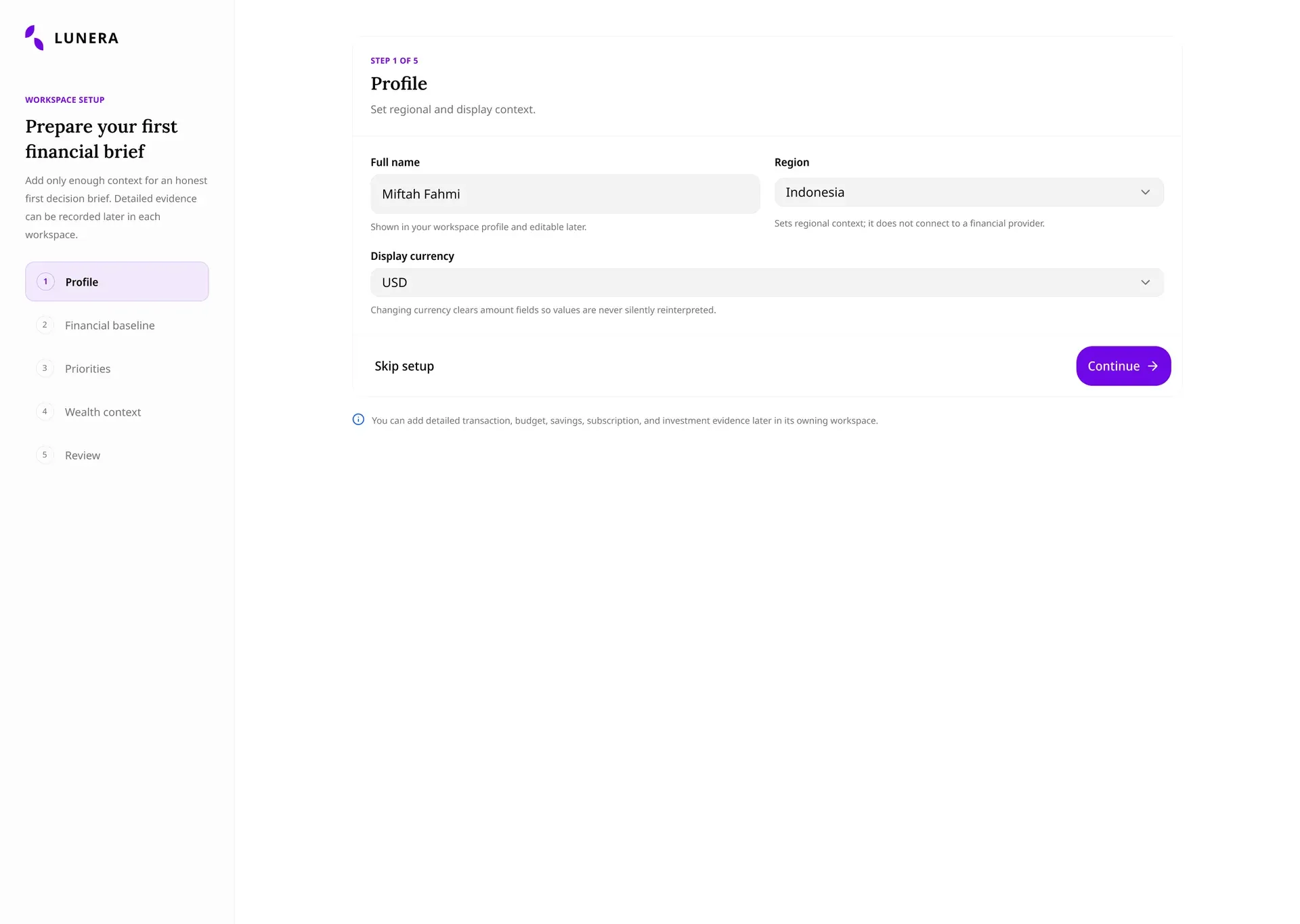 Lunera onboarding profile step for regional and display context