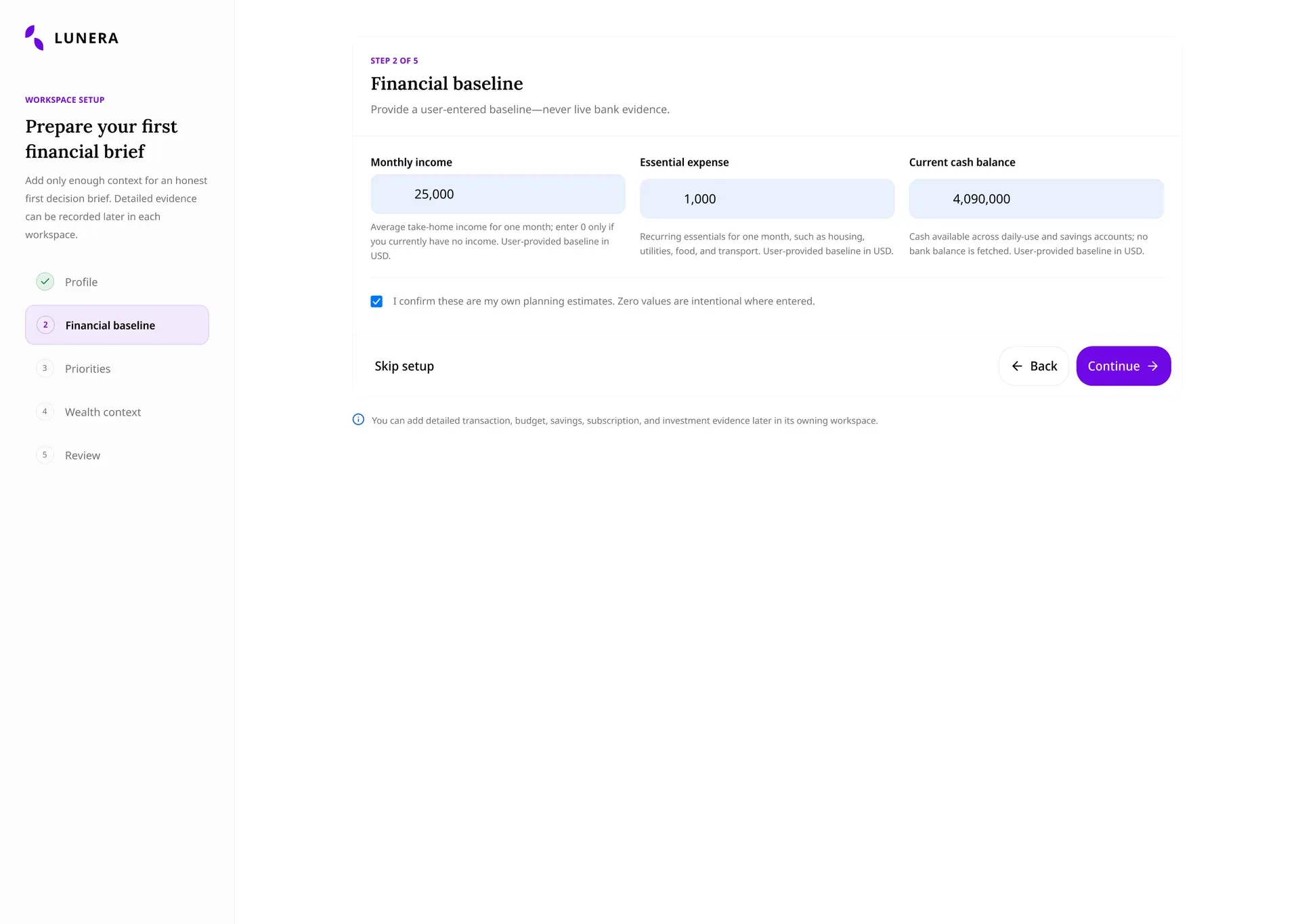 Lunera onboarding financial baseline step with user-entered income, expenses, and cash
