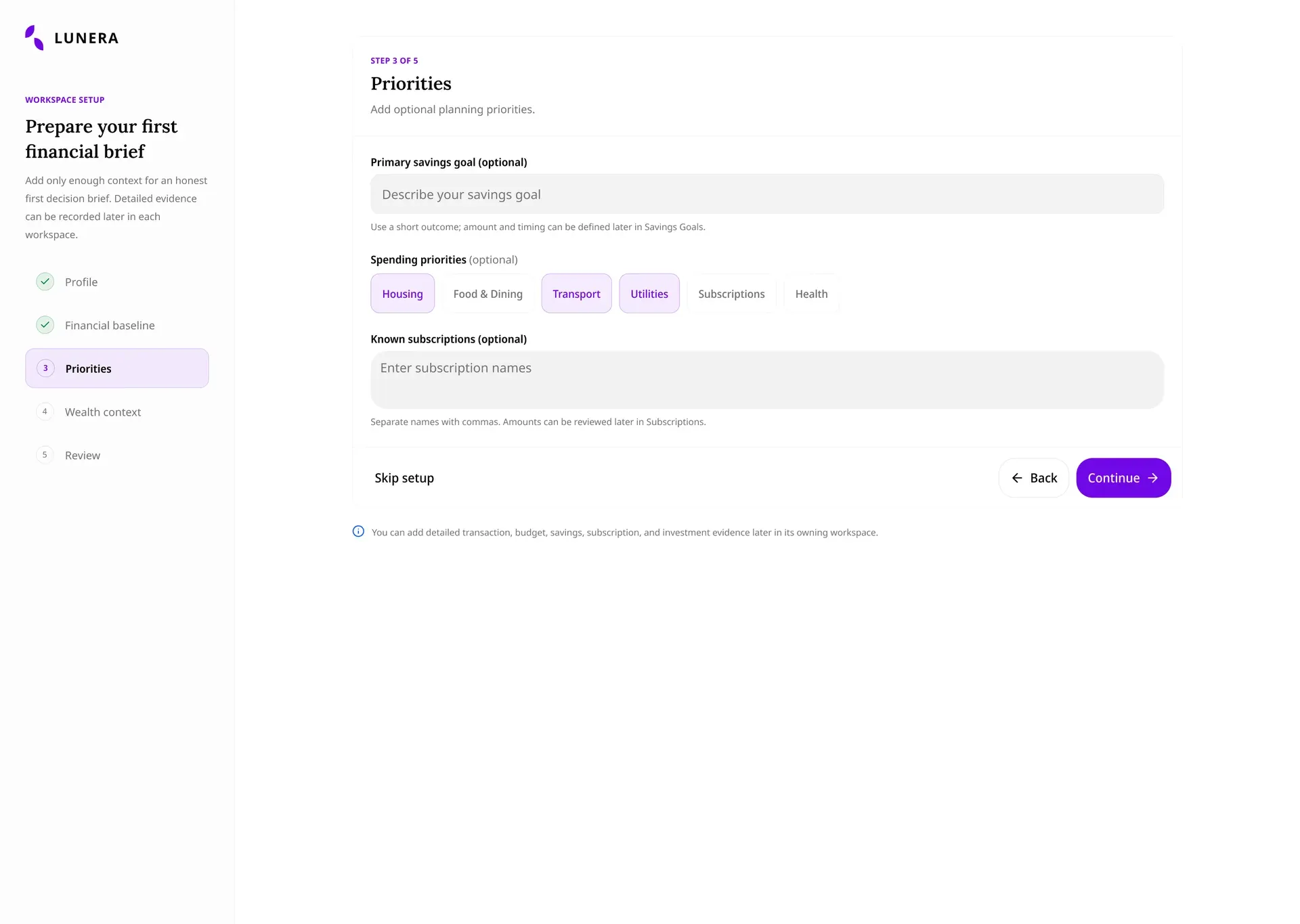 Lunera onboarding priorities step with optional goals and spending priorities
