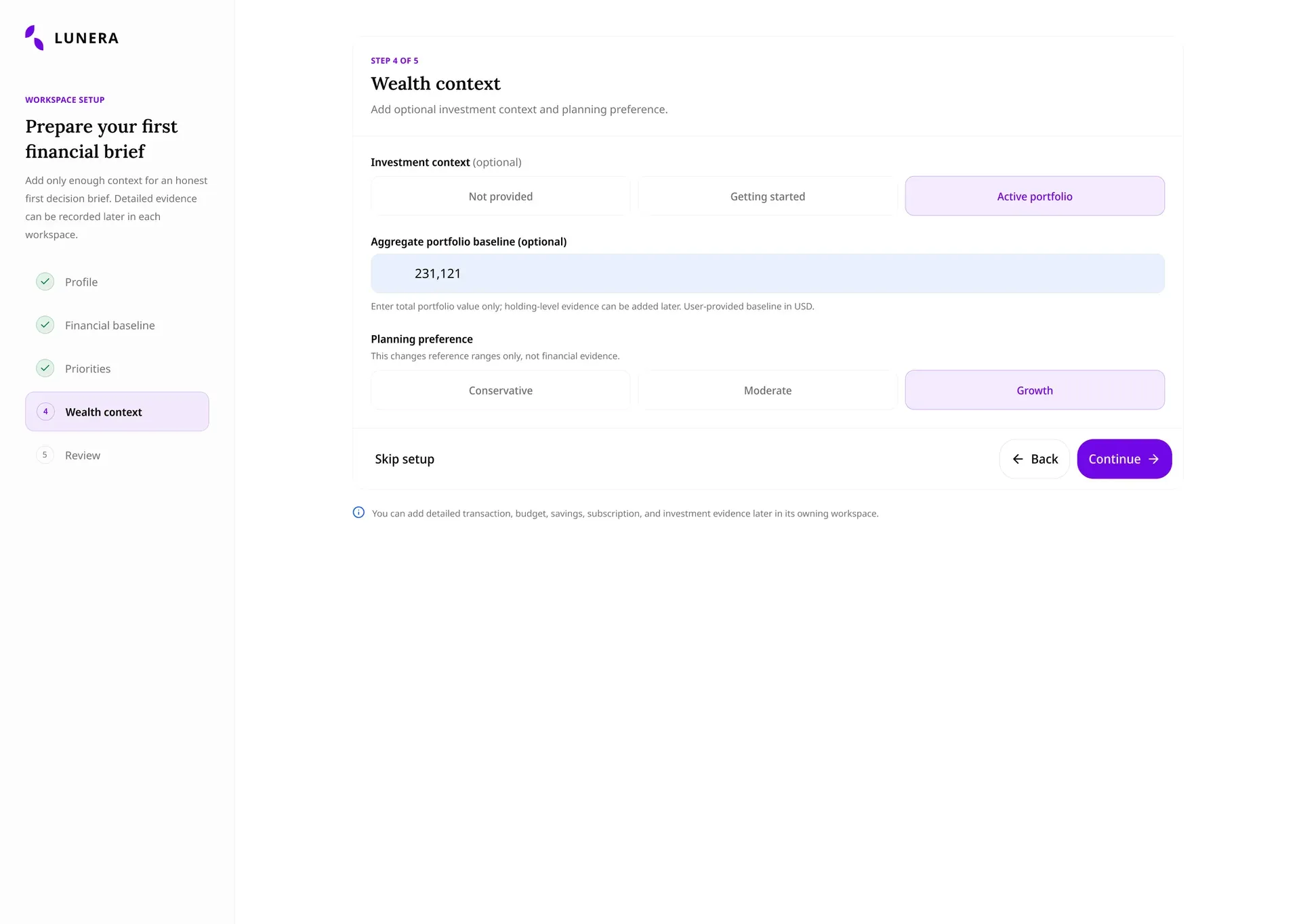 Lunera onboarding wealth context step with portfolio and planning preference