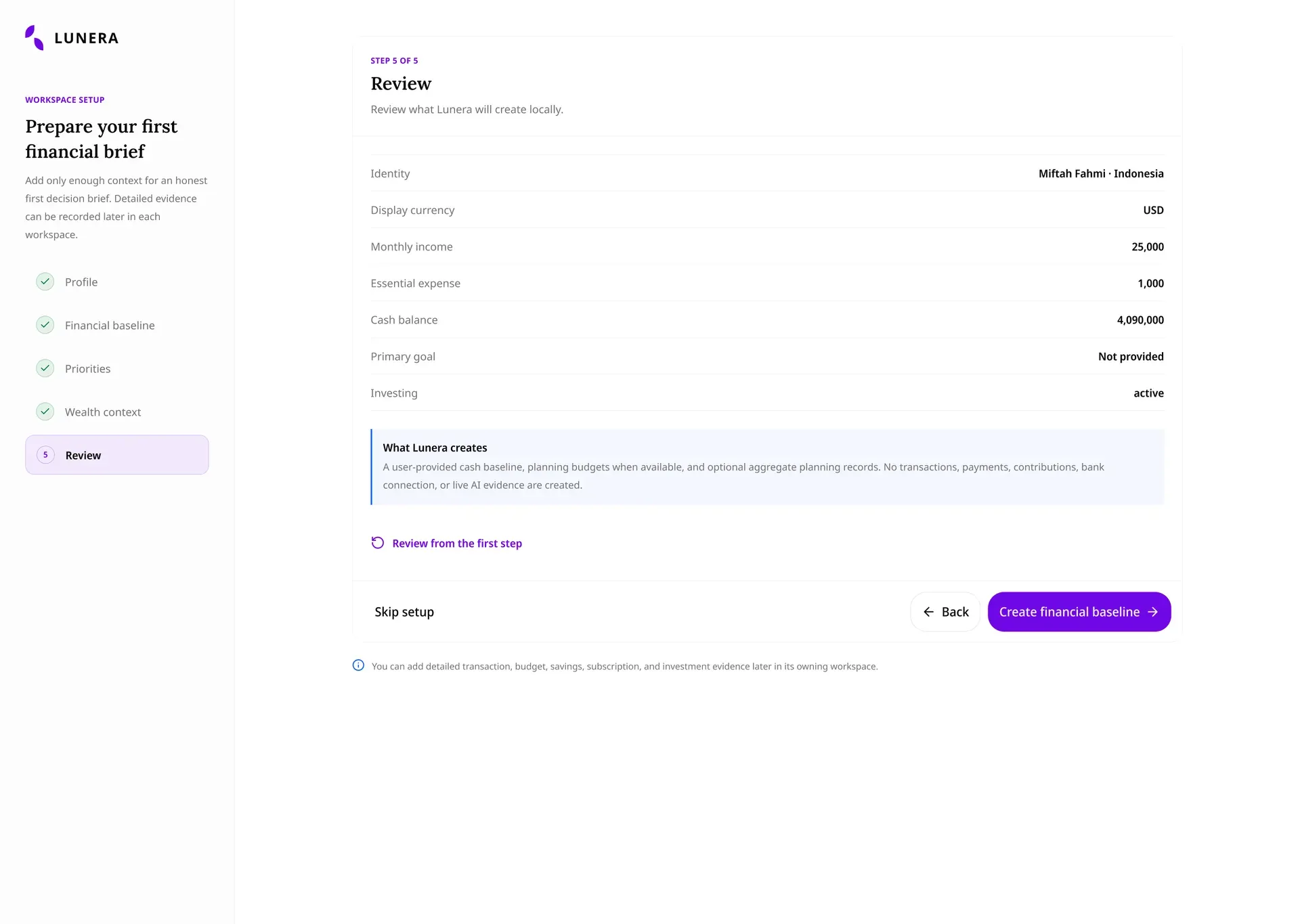 Lunera onboarding review step confirming the local planning record