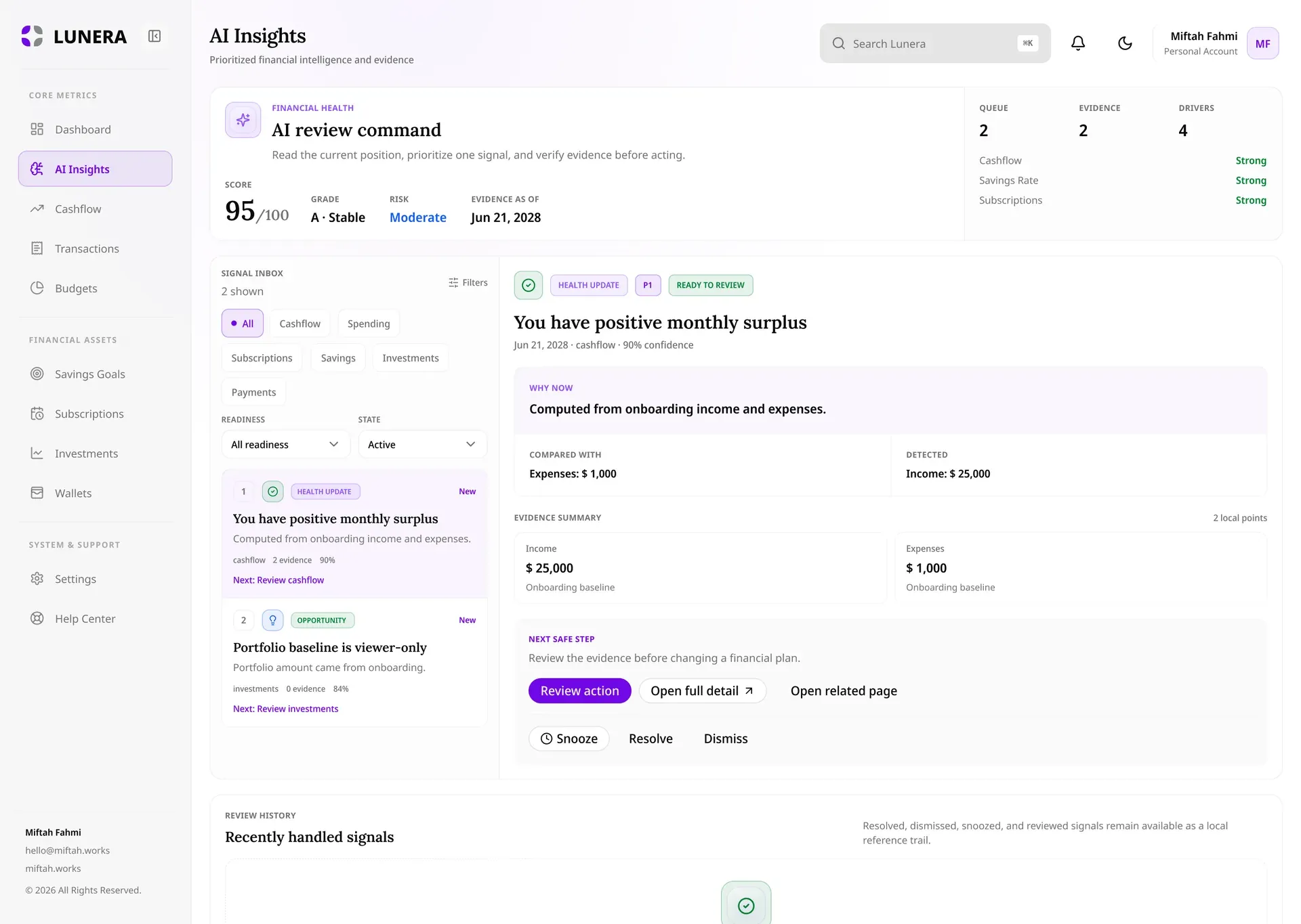 Lunera AI Insights workspace with ranked signals, confidence, evidence, and next safe step