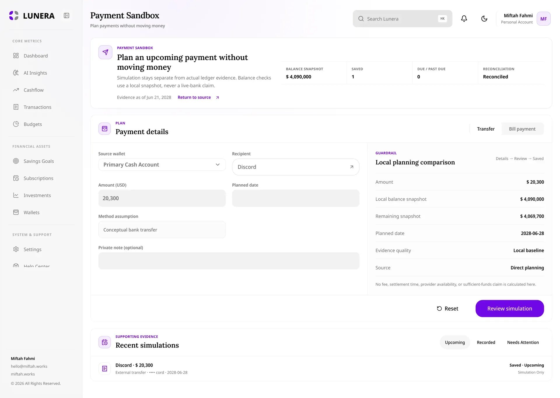 Lunera payment sandbox planning an upcoming payment against a local balance snapshot
