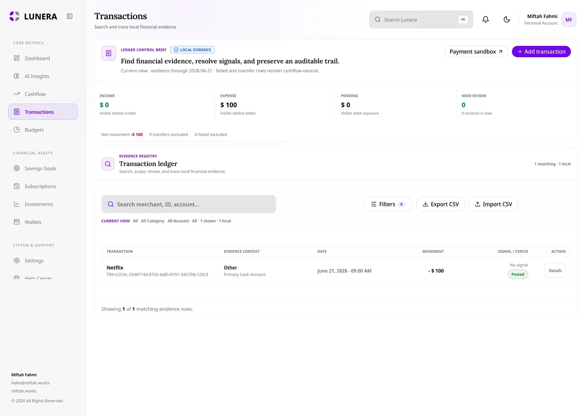Lunera transaction ledger with searchable local evidence and review state