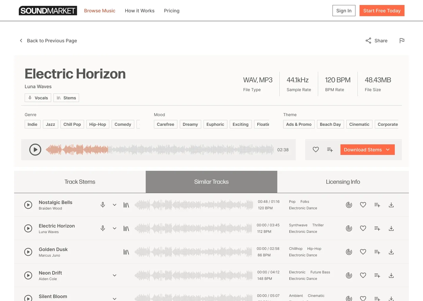 Electric Horizon track detail with the Similar Tracks tab active