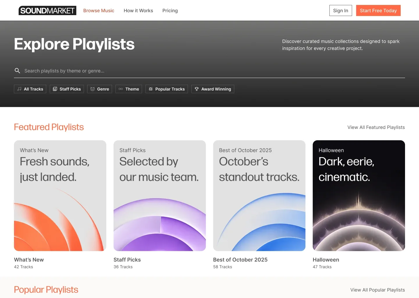 Explore Playlists page with search, category filters, and featured collections