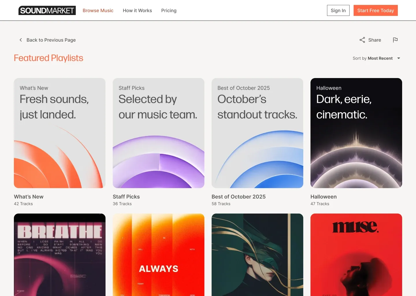 Featured Playlists listing with eight playlist covers