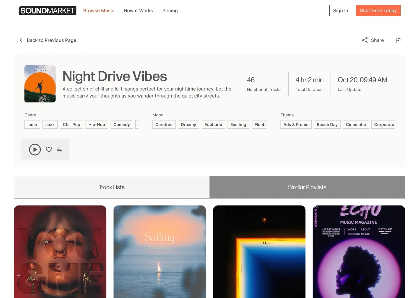 Night Drive Vibes playlist detail with the Similar Playlists tab active