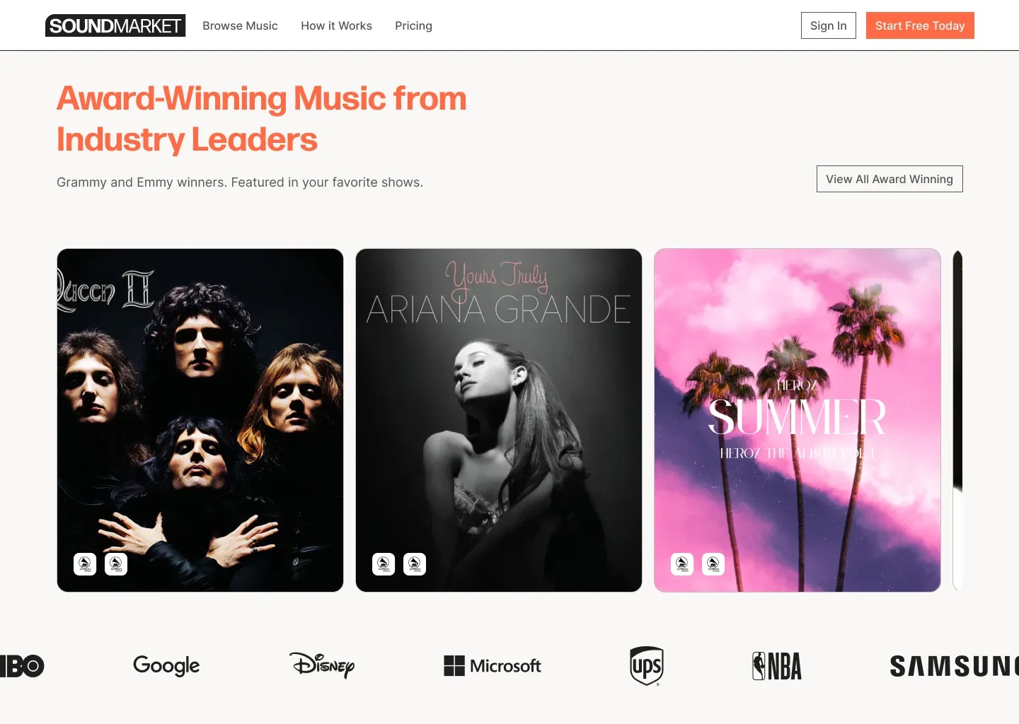 SoundMarket homepage award-winning music section with artist artwork and client logos