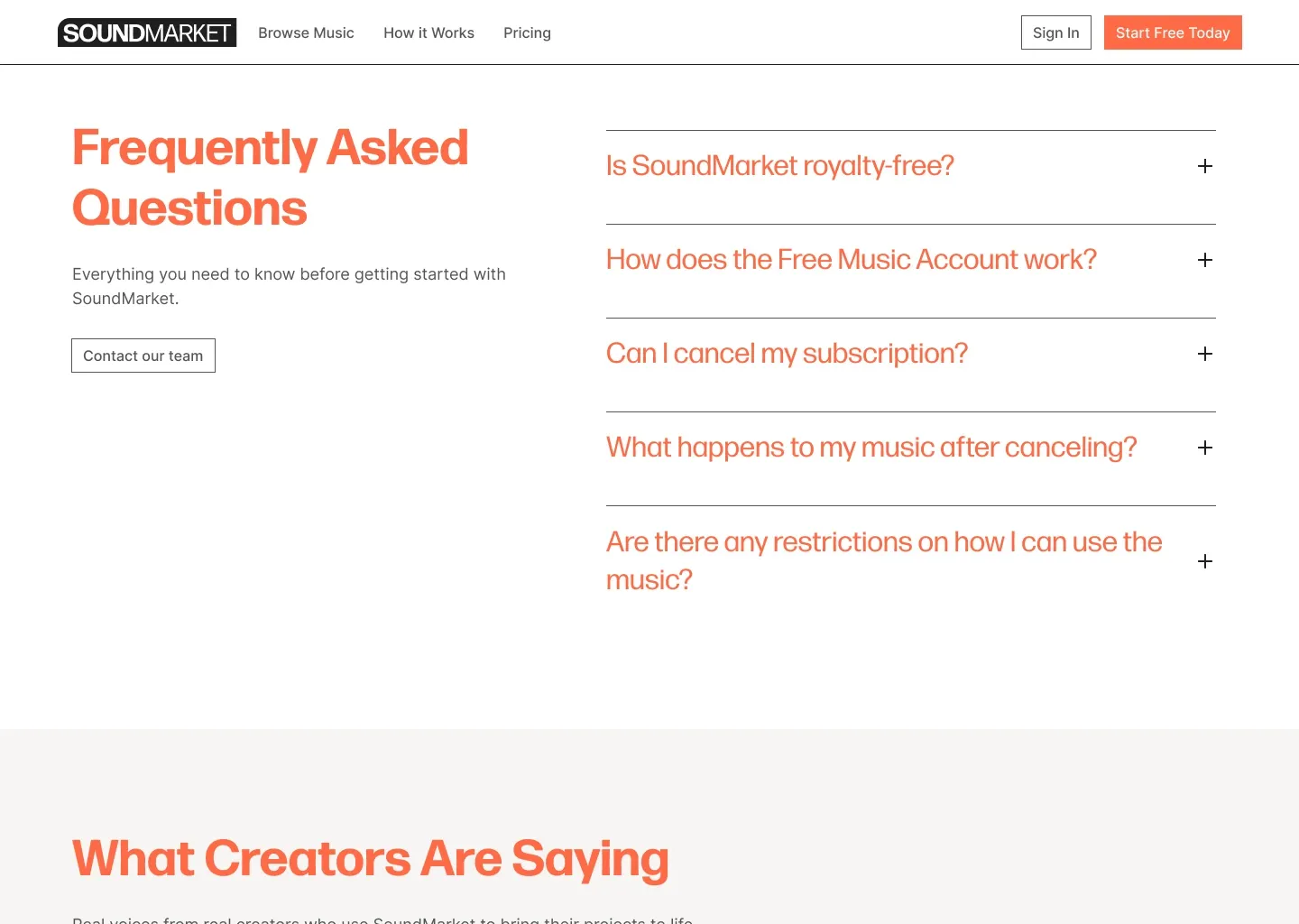 SoundMarket homepage frequently asked questions section
