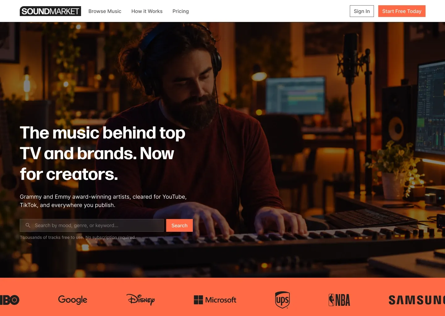 SoundMarket homepage hero with a music search field and creator-focused message