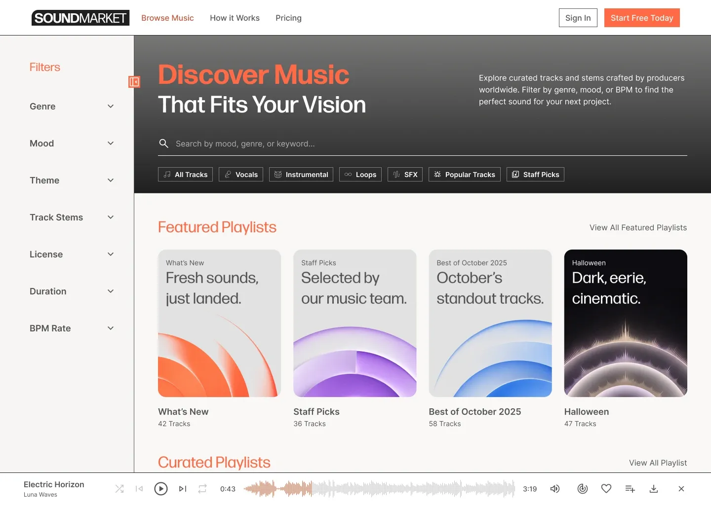 Browse Music page with featured playlists, search, filters, and persistent audio player