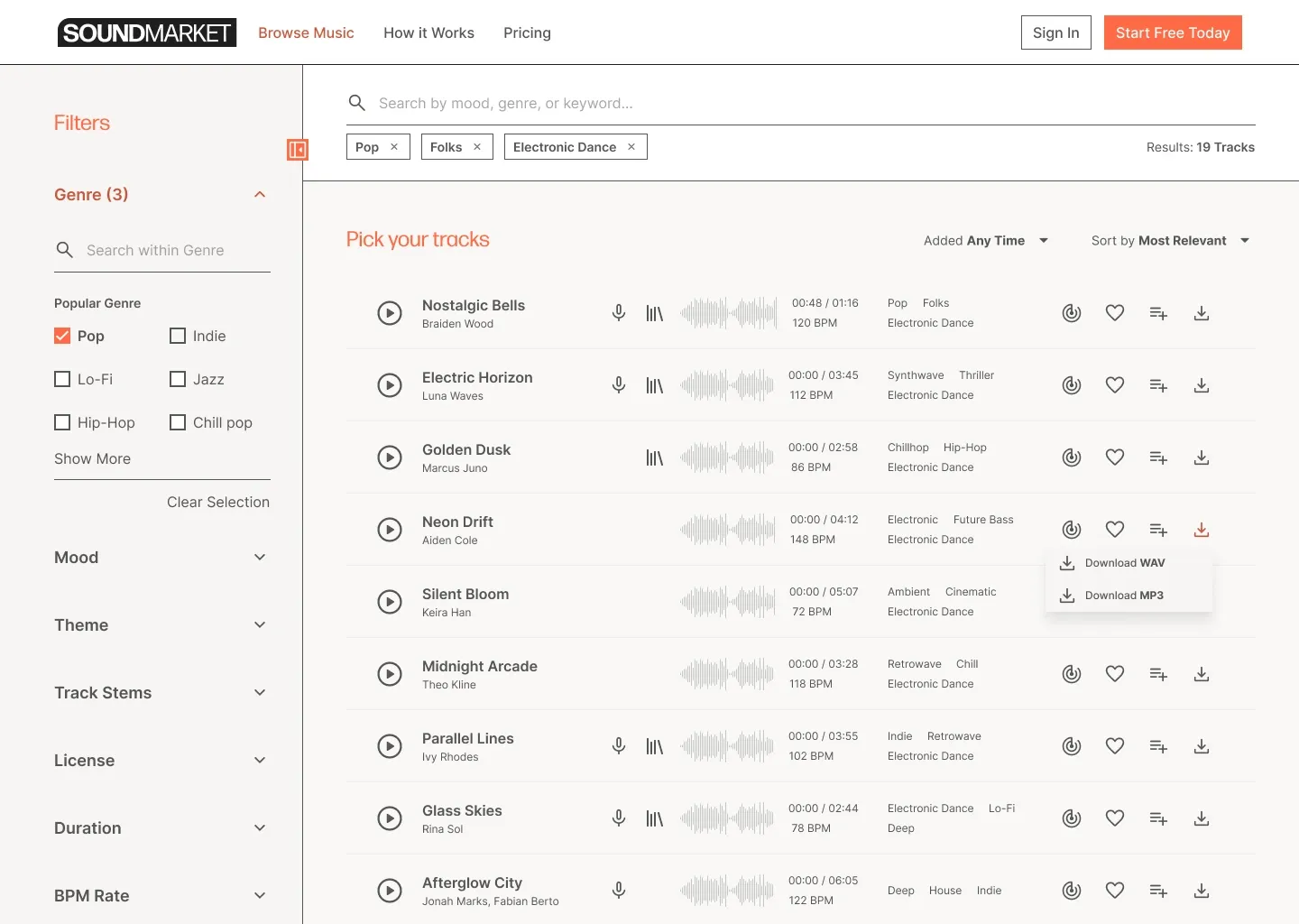 Browse Music results with three active genre filters