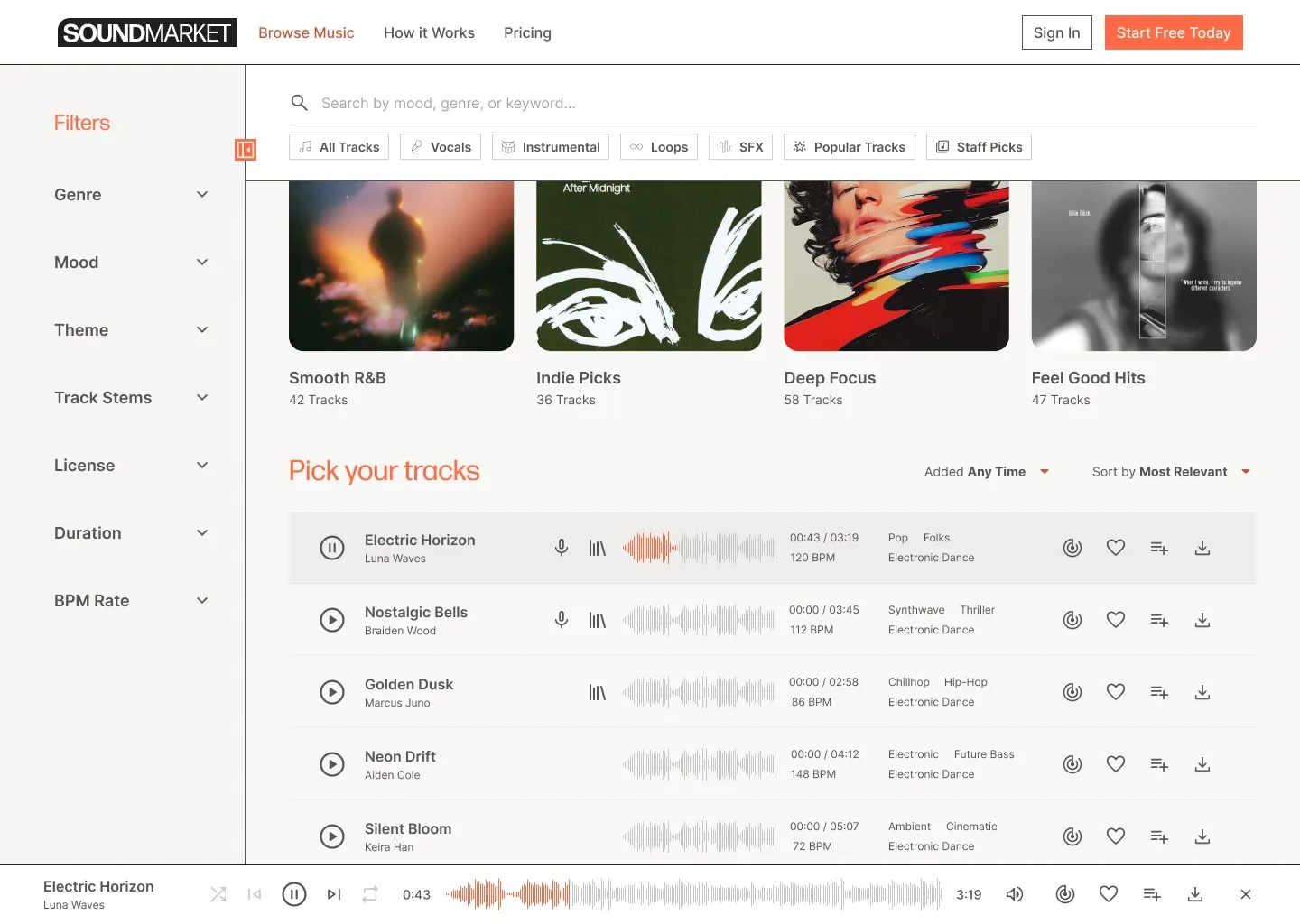 Browse Music track list with persistent audio player at the bottom