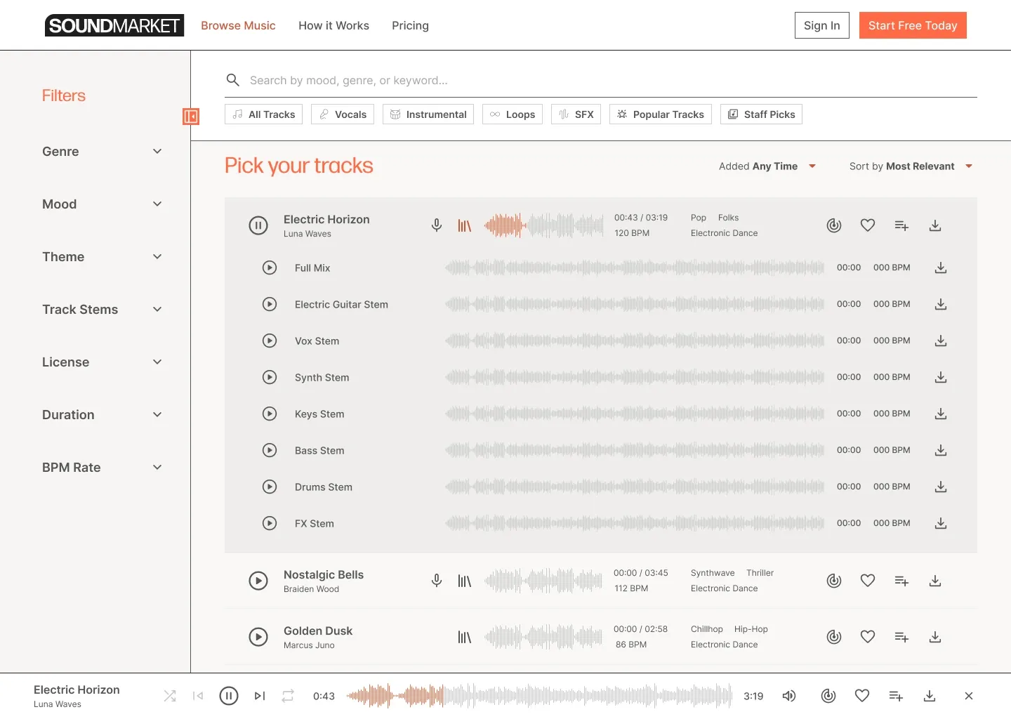 Browse Music track list with the selected track's stems expanded inline