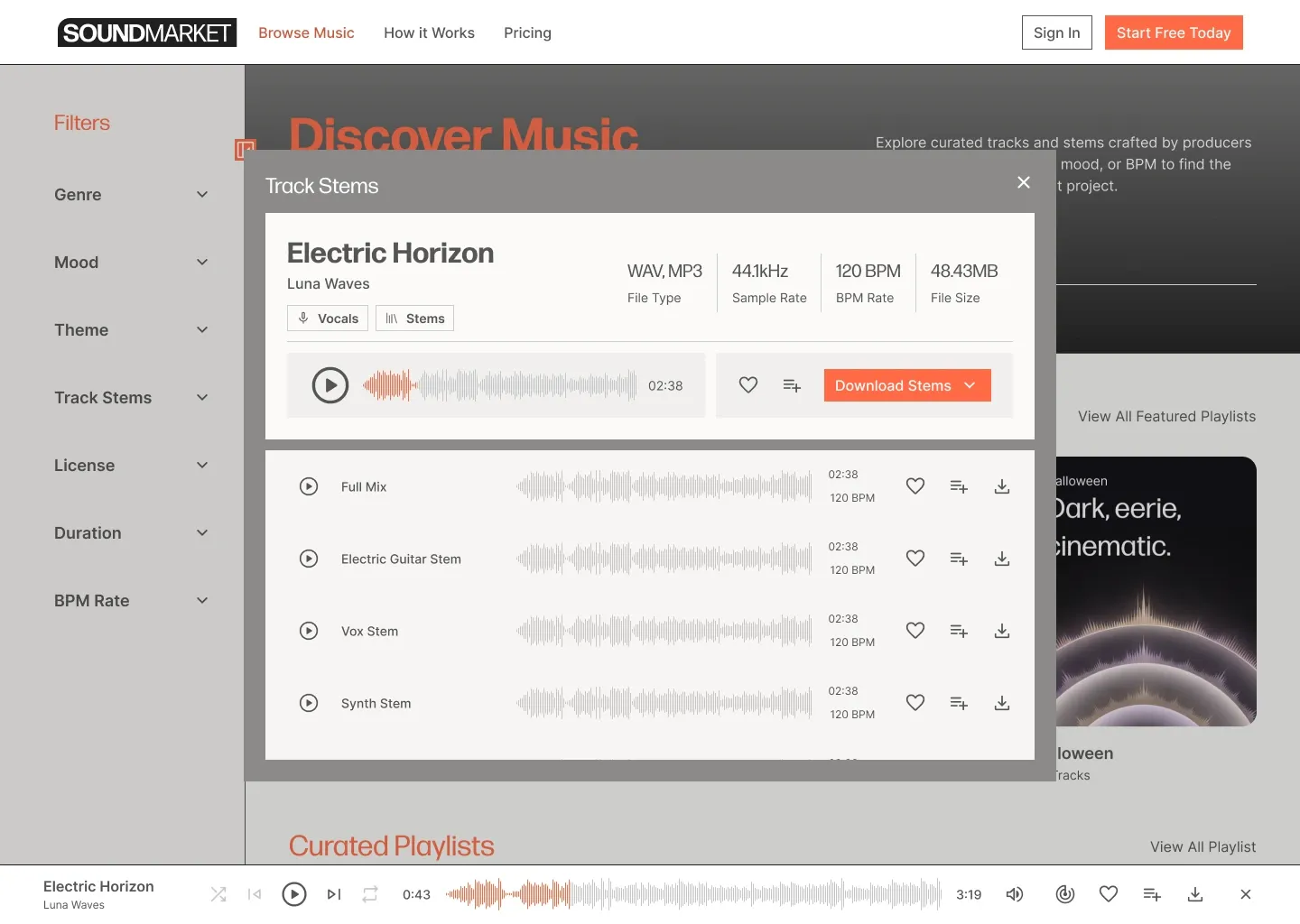 Track Stems dialog with track metadata, waveform, and stem list