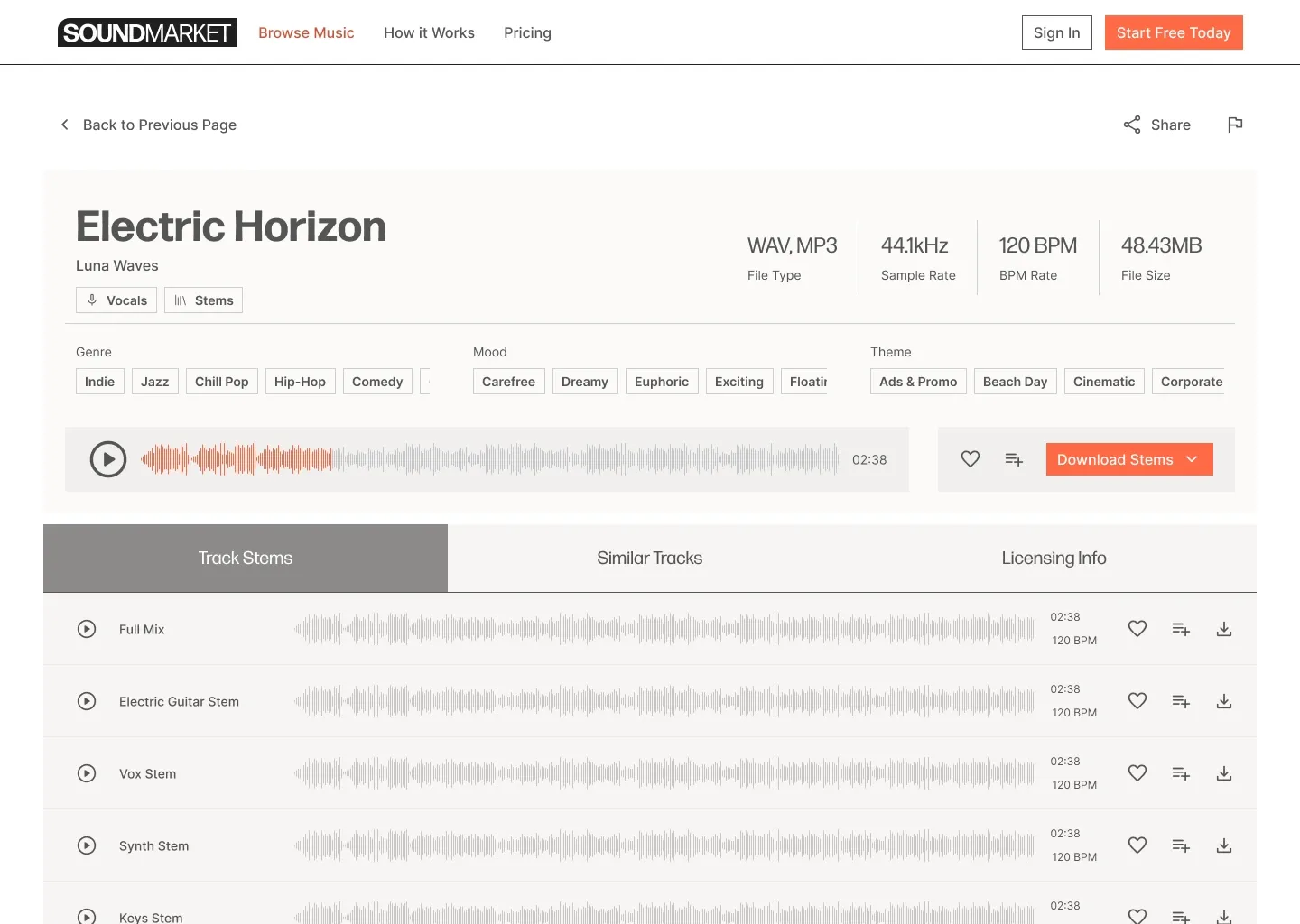 Electric Horizon track detail with the Track Stems tab active